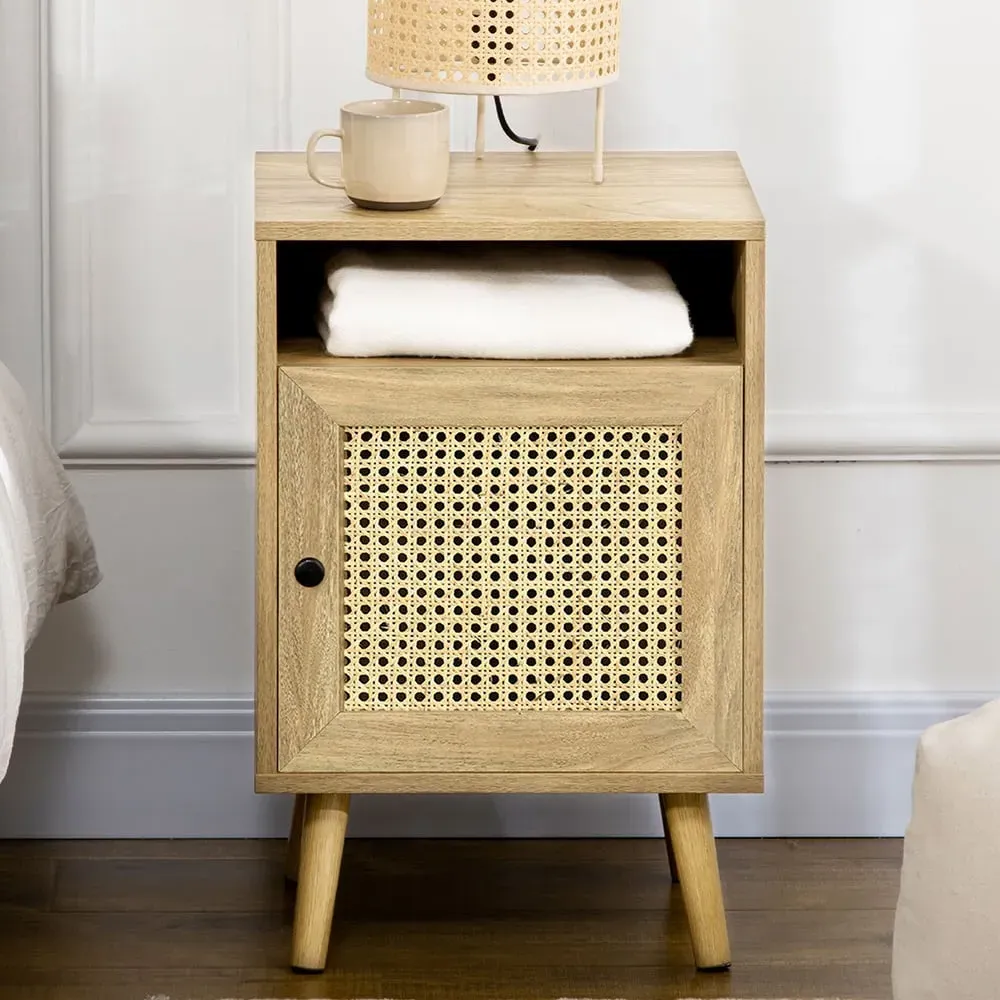 Single Door Rattan Bedside Table Set of 2 - Brown