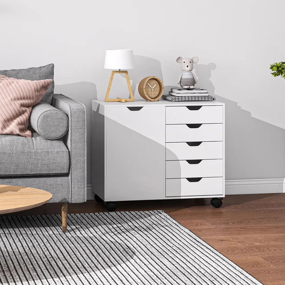 Single Door Storage Cabinet with 5 Drawers - White