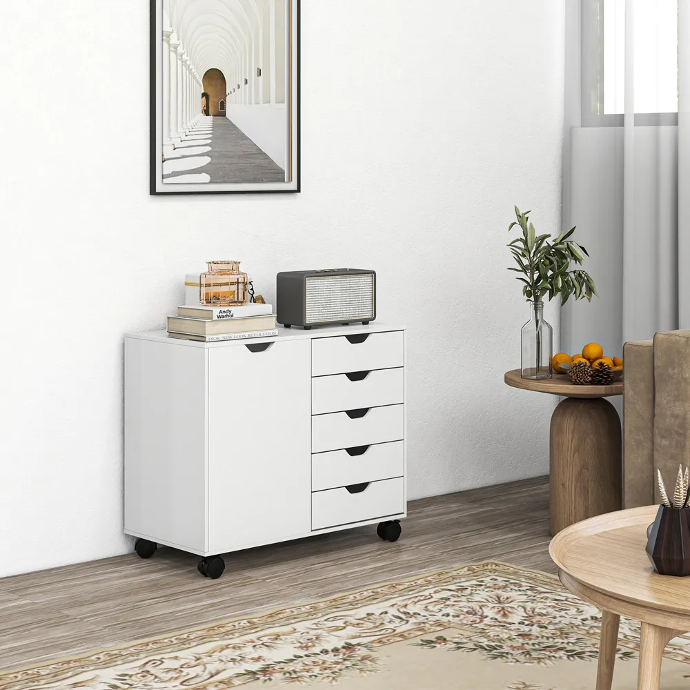 Single Door Storage Cabinet with 5 Drawers - White