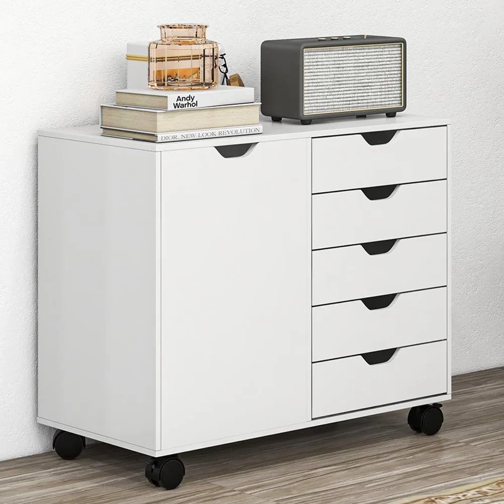 Single Door Storage Cabinet with 5 Drawers - White