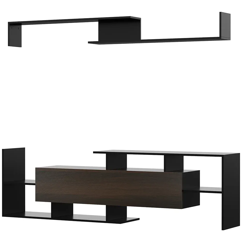 Single Door TV Cabinet with Wall Shelf - Black, Wood