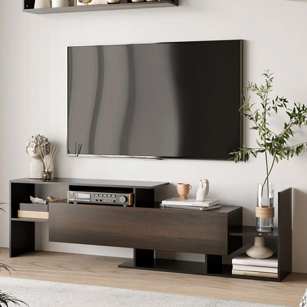 Single Door TV Cabinet with Wall Shelf - Black, Wood image