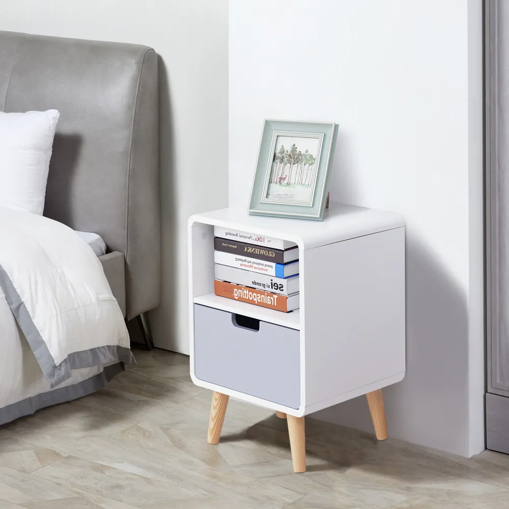 Single Drawer Bedside Table - White, Pine Wood