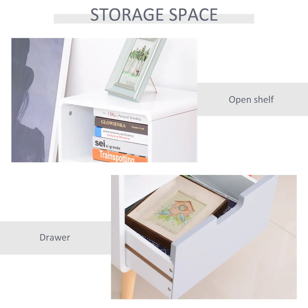 Single Drawer Bedside Table - White, Pine Wood