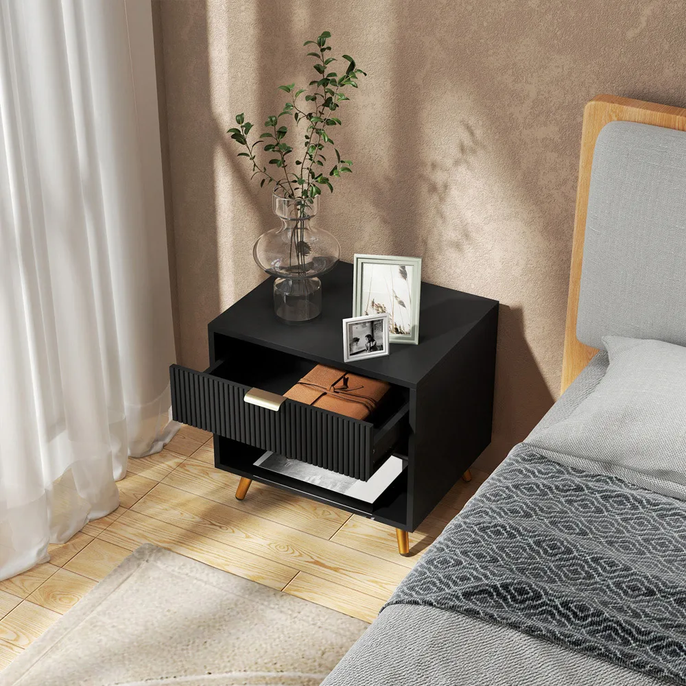 Single Drawer Bedside Table with Shelf - Black