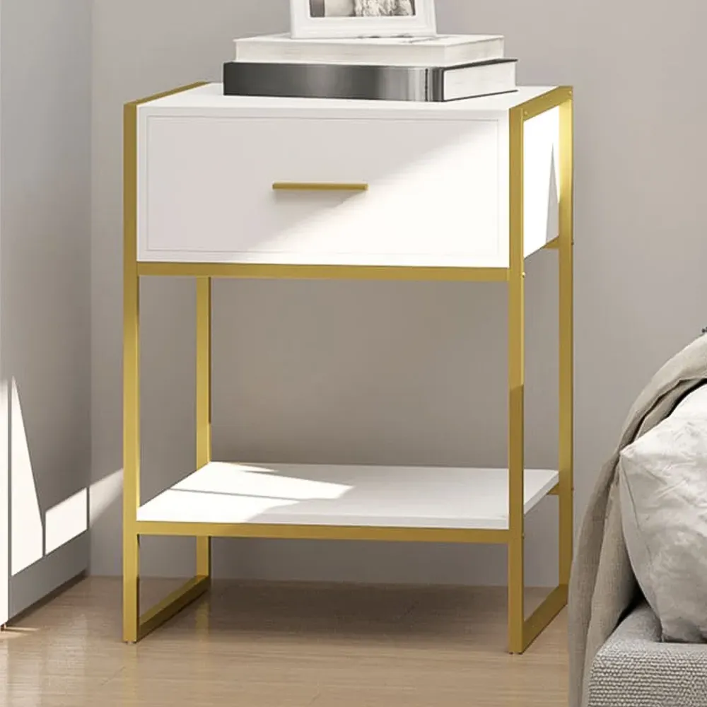 Single Drawer Bedside Table with Shelf - White, Gold