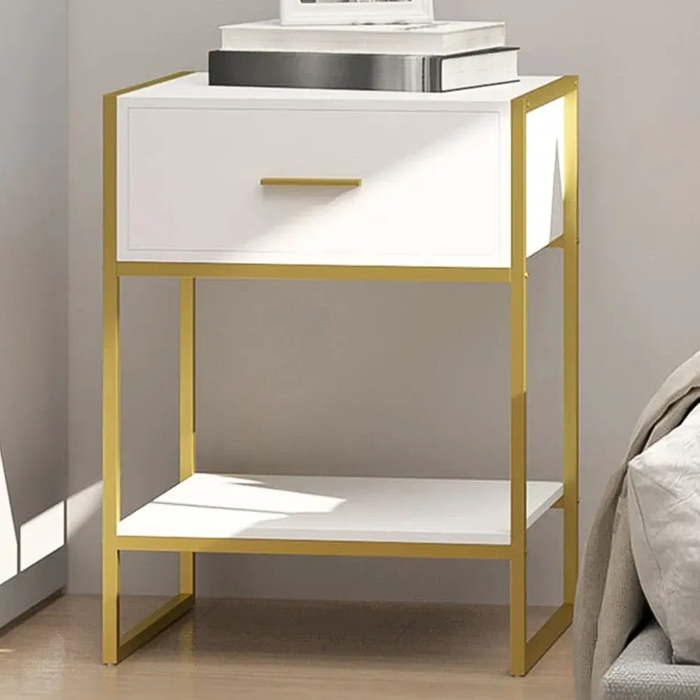 Single Drawer Bedside Table with Shelf - White, Gold image