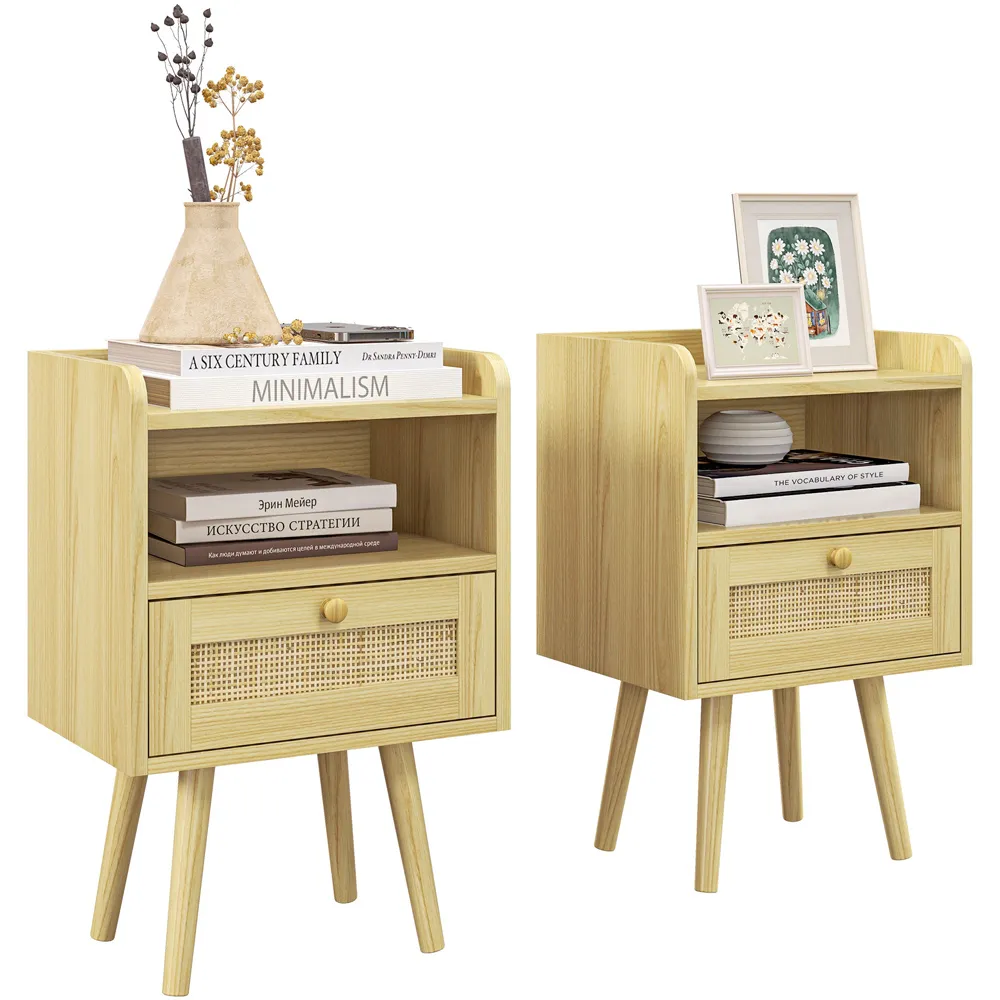 Single Drawer Boho Bedside Table Set of 2 - Brown
