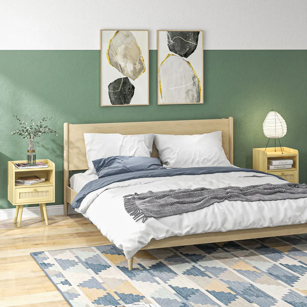 Single Drawer Boho Bedside Table Set of 2 - Brown