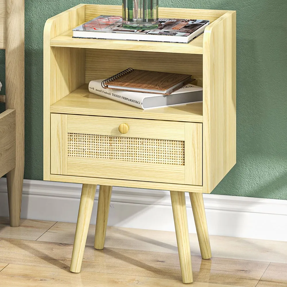 Single Drawer Boho Bedside Table Set of 2 - Brown