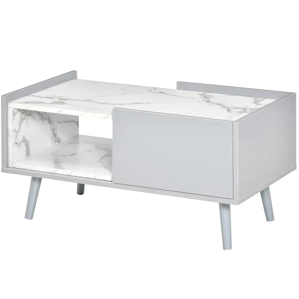Single Drawer Coffee Table with Shelf - Grey, Marble Effect