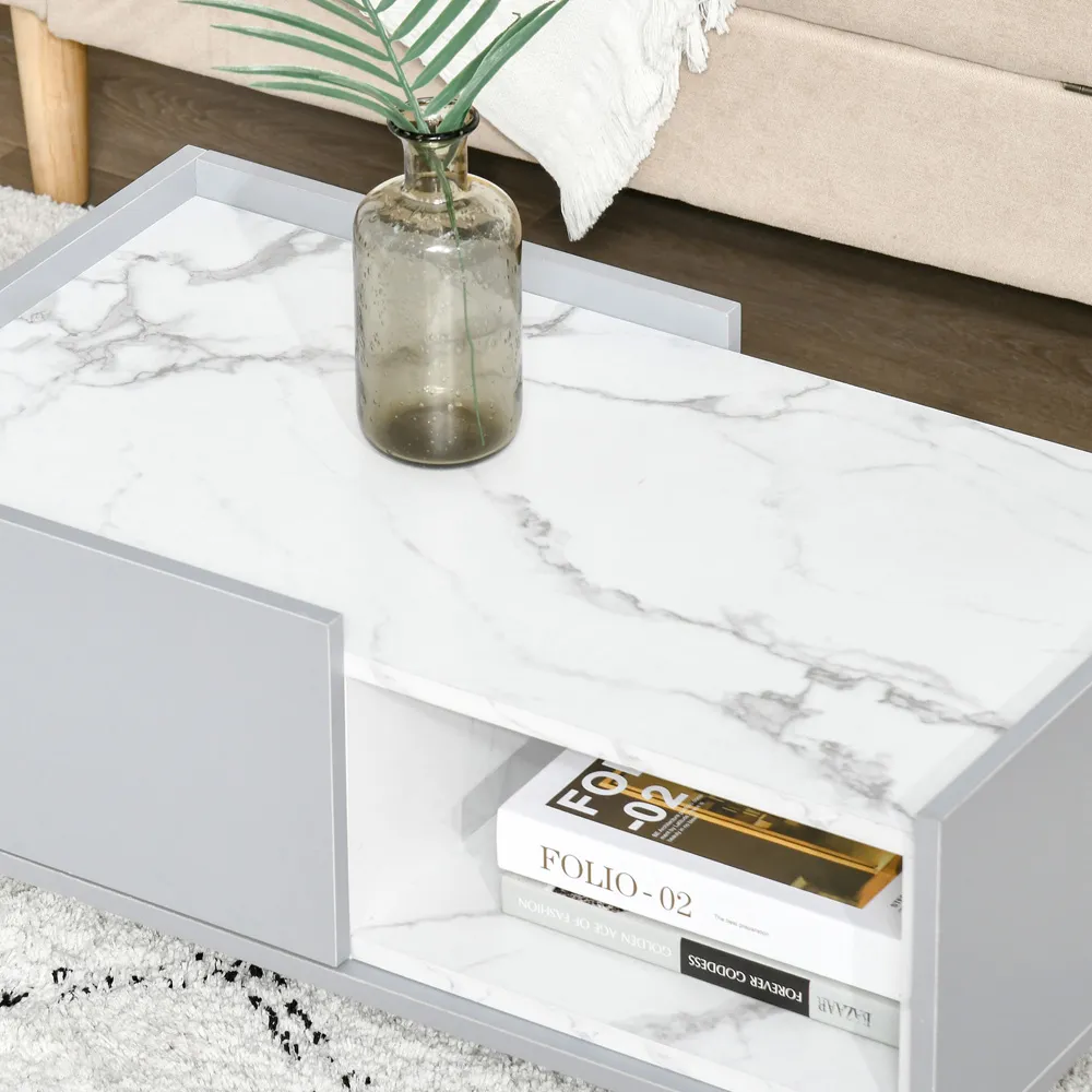 Single Drawer Coffee Table with Shelf - Grey, Marble Effect