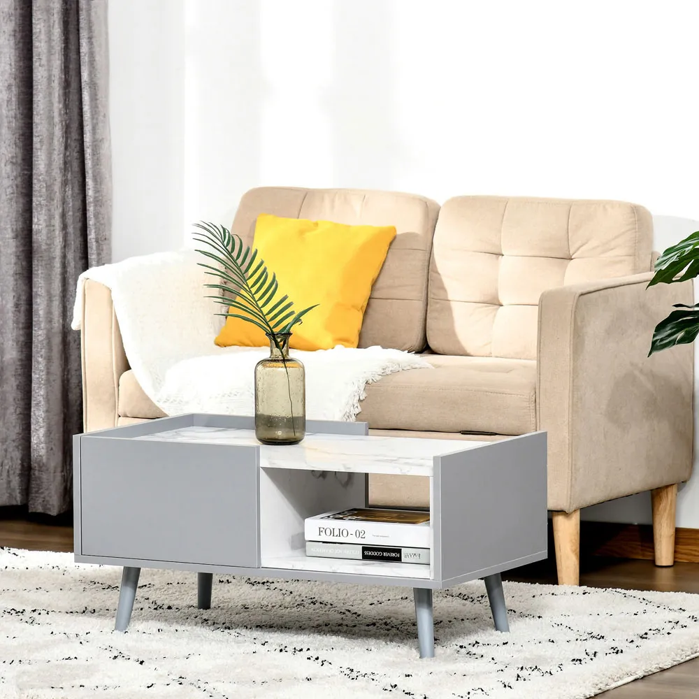 Single Drawer Coffee Table with Shelf - Grey, Marble Effect