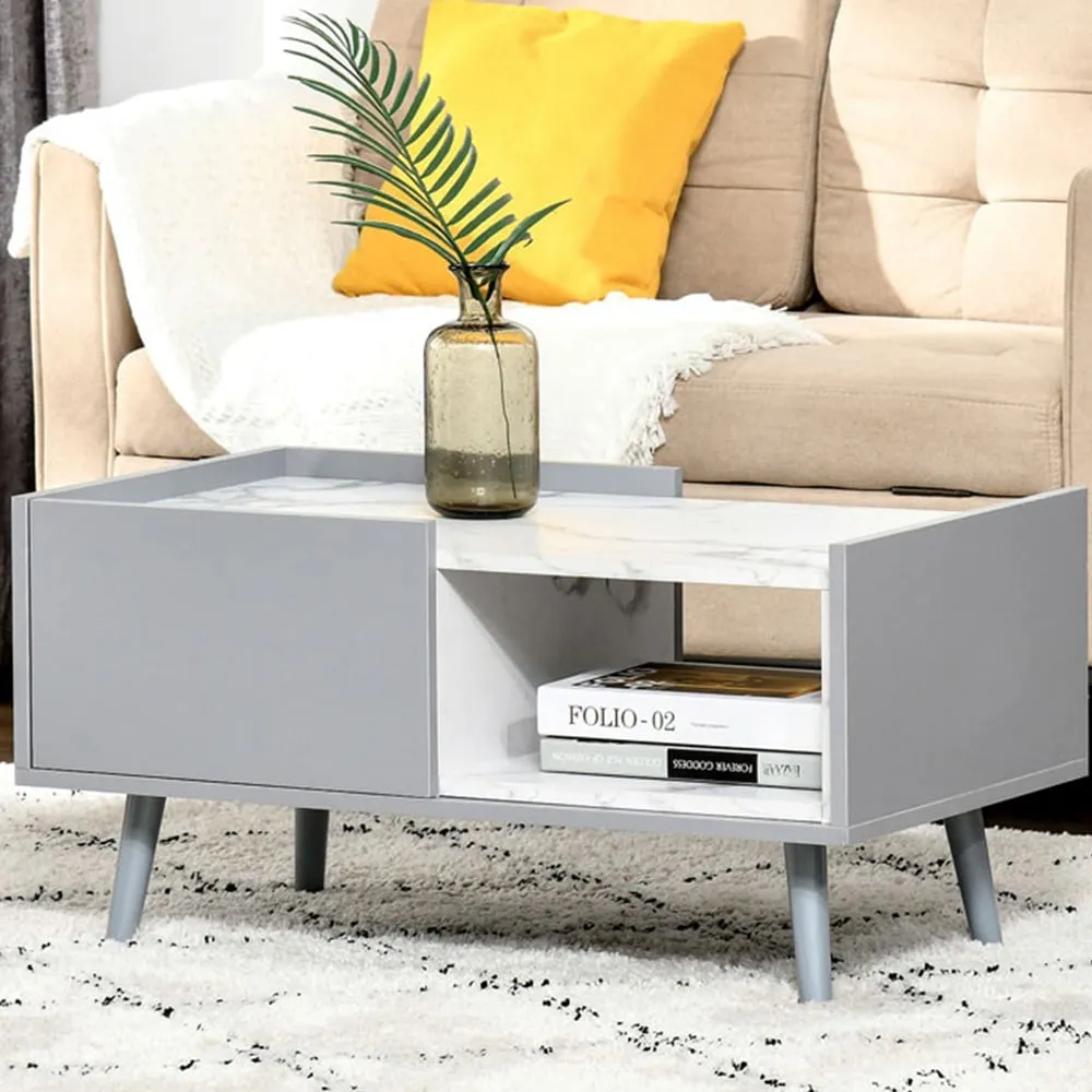 Single Drawer Coffee Table with Shelf - Grey, Marble Effect