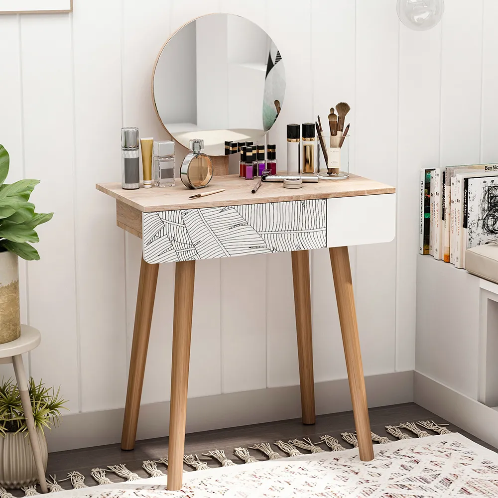 Single Drawer Dressing Table with Mirror - White, Oak image