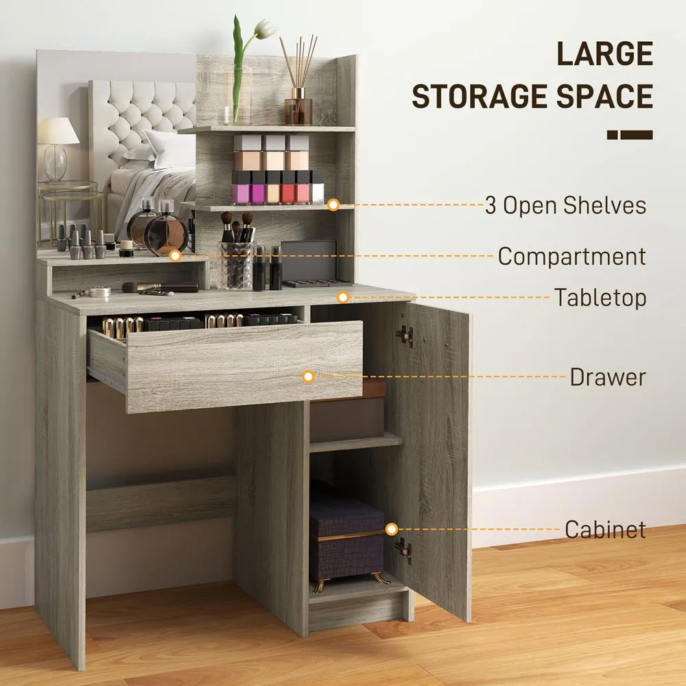 Single Drawer Single Door Dressing Table Set with Mirror - Brown