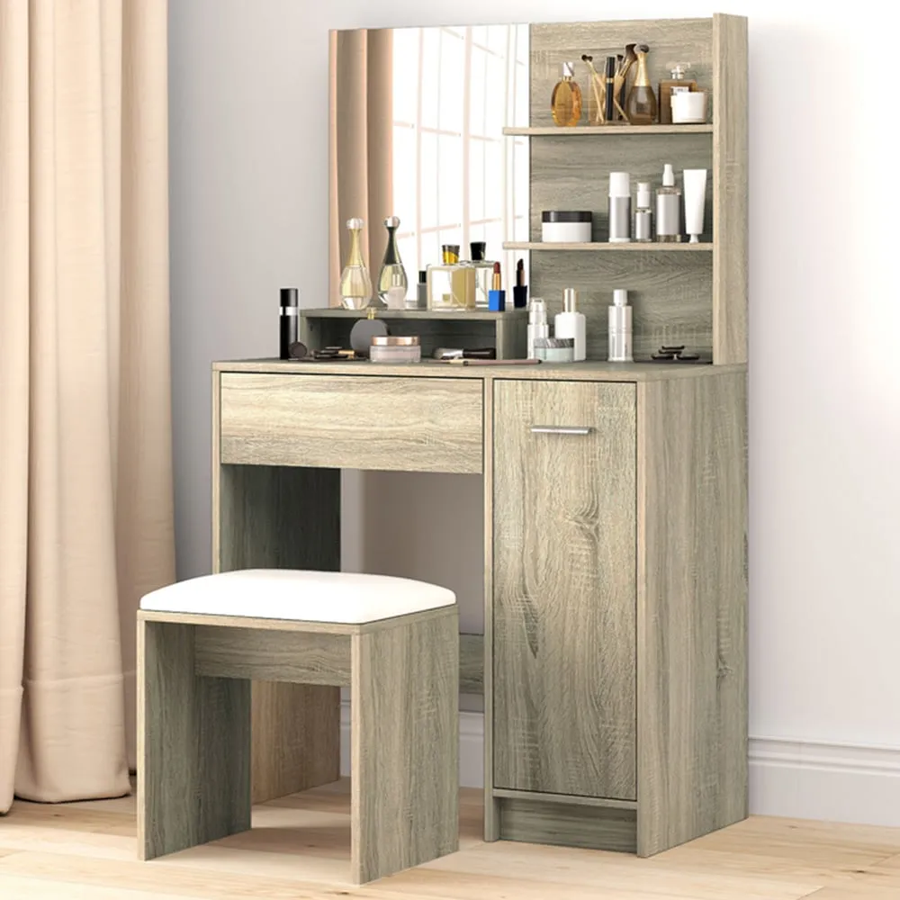 Single Drawer Single Door Dressing Table Set with Mirror - Brown