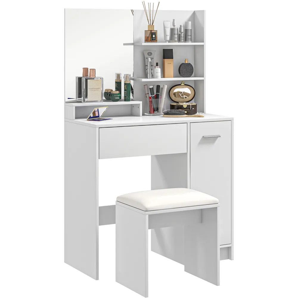 Single Drawer Single Door Dressing Table Set with Mirror - White