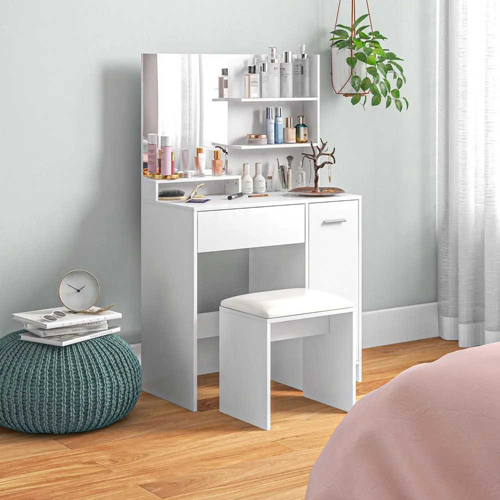 Single Drawer Single Door Dressing Table Set with Mirror - White