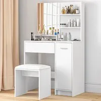 Single Drawer Single Door Dressing Table Set with Mirror - White