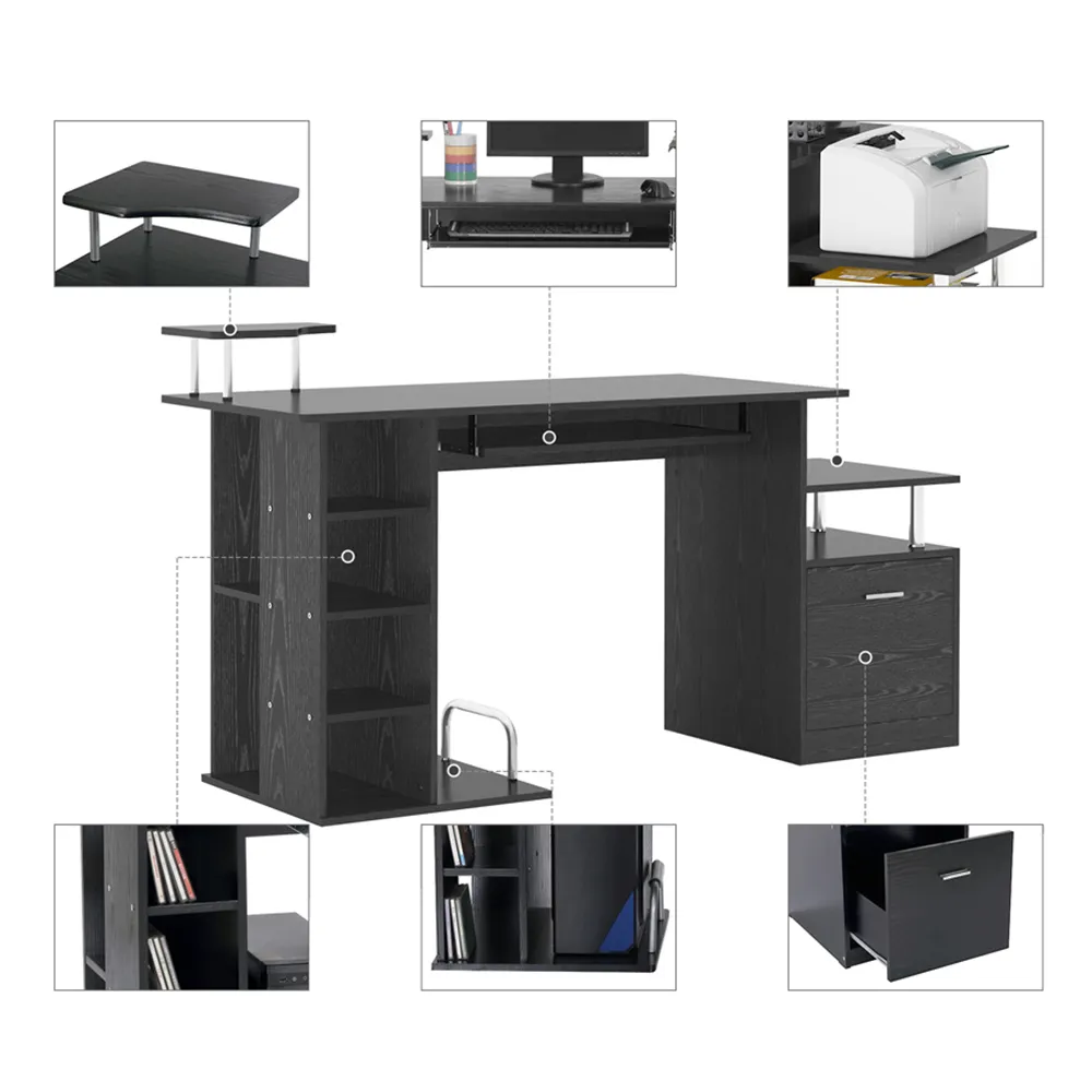 Single Drawer Workstation with Shelves - Black