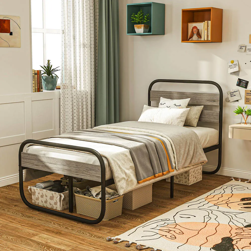 Single Metal Platform Bed Frame with Storage - Grey