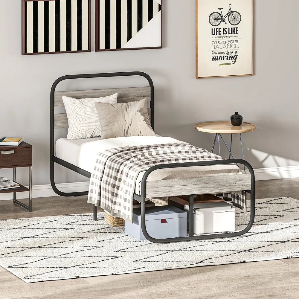 Single Metal Platform Bed Frame with Storage - Grey