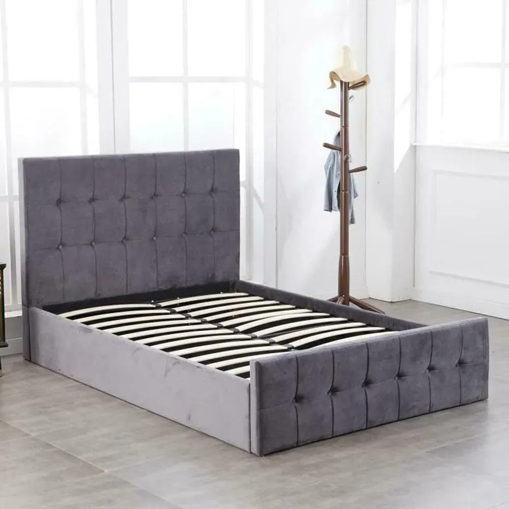 Single Ottoman Bed with Storage - Grey, Velvet
