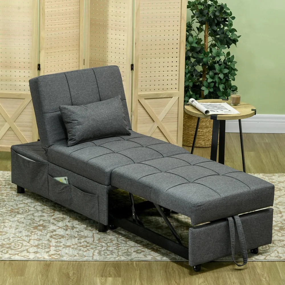 Single Recliner Chair Bed with Wheels - Grey, Linen image