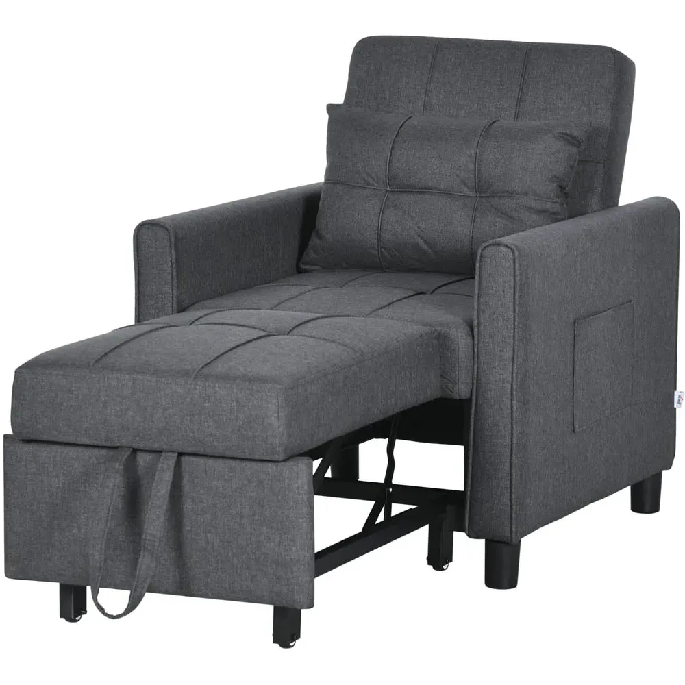 Single Seater Pull Out Sofa Bed - Grey, Linen