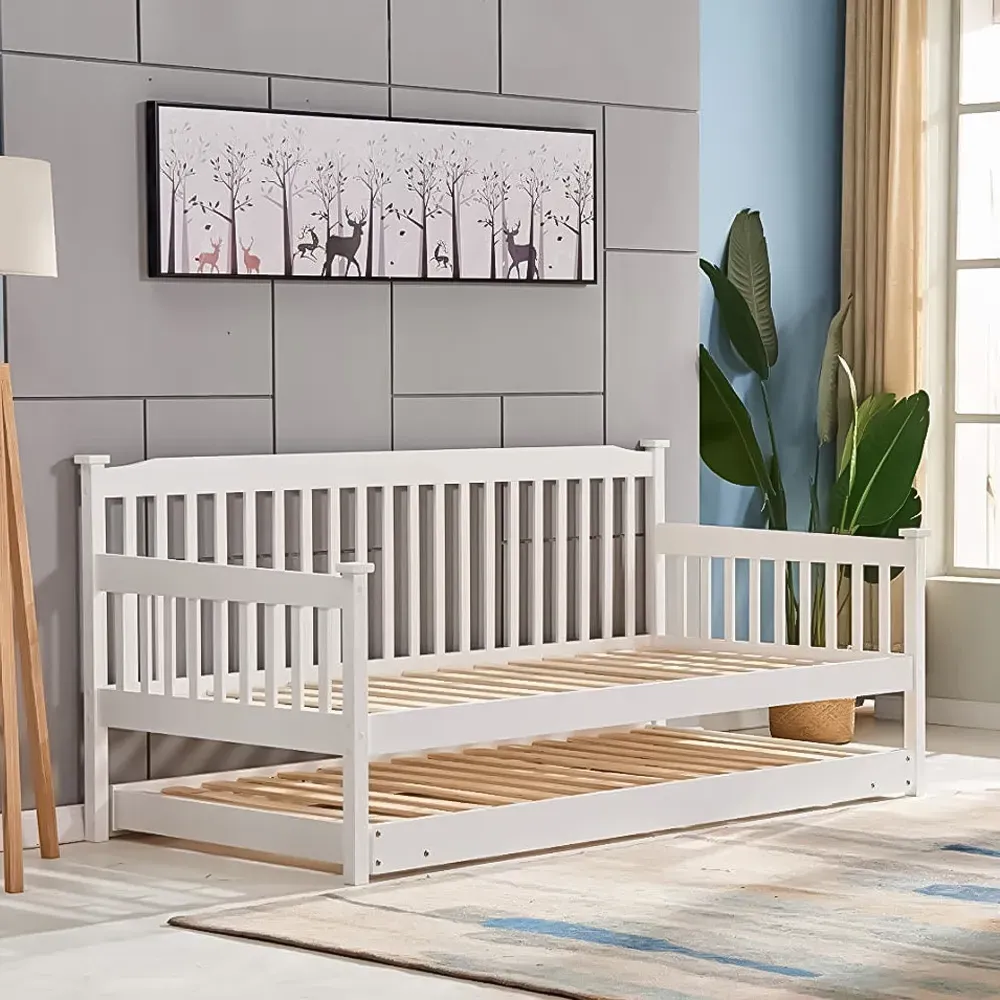 Single Shaker Day Bed with Trundle and 2 Mattresses - White, Wood