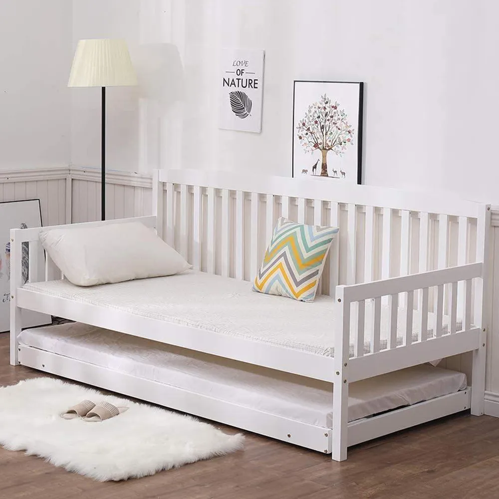 Single Shaker Day Bed with Trundle and 2 Mattresses - White, Wood