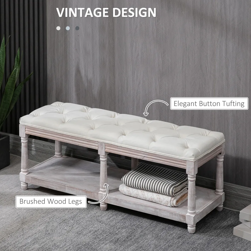 Single Shelf Button Tufted Storage Stool - Cream
