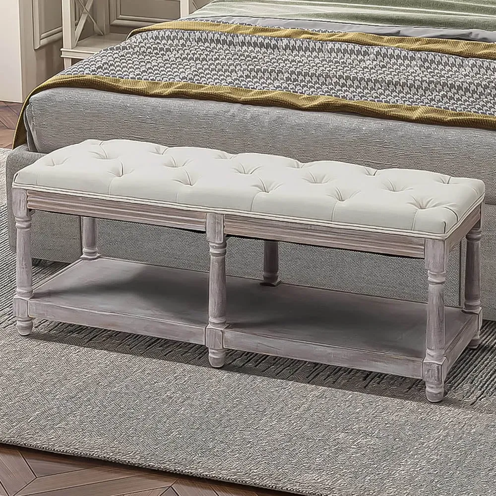 Single Shelf Button Tufted Storage Stool - Cream image