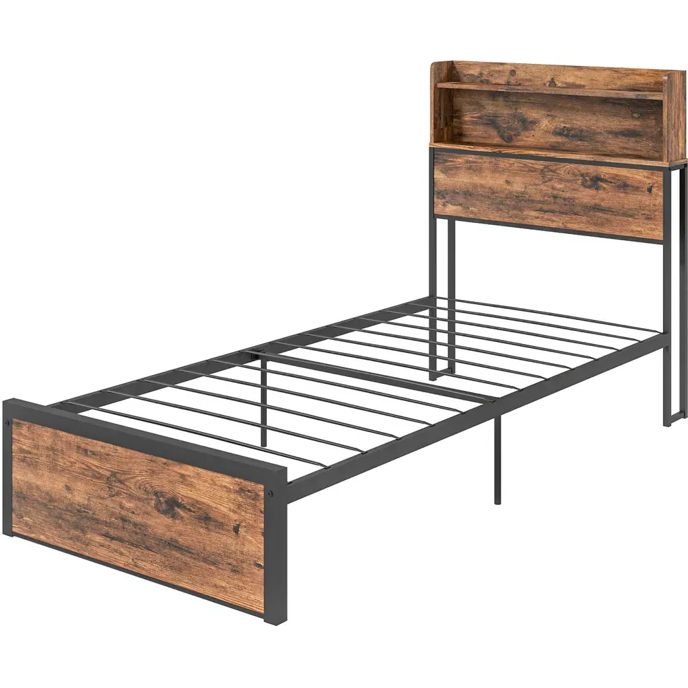 Single Steel Bed Frame with Storage - Brown