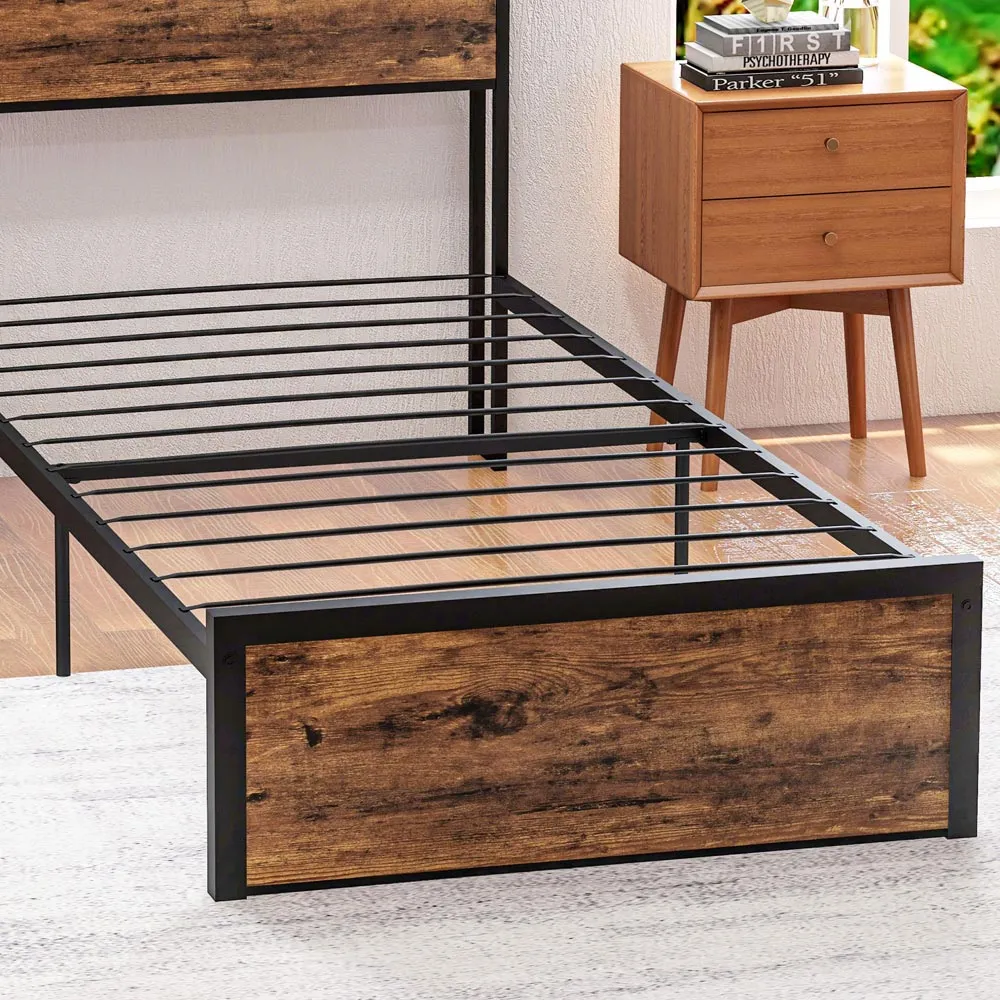 Single Steel Bed Frame with Storage - Brown