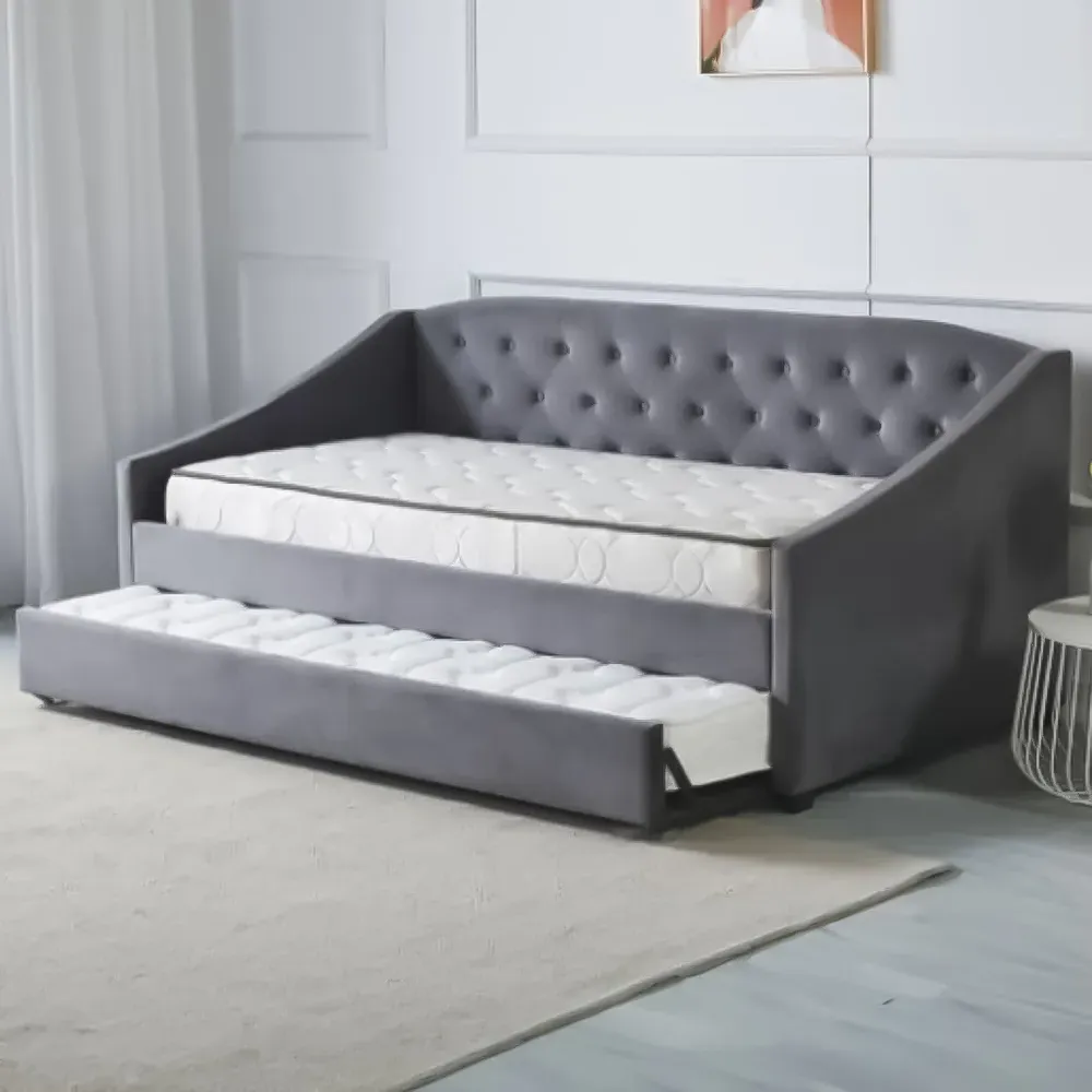 Single Tufted Day Bed with Trundle & 2 Mattresses - Grey, Velvet