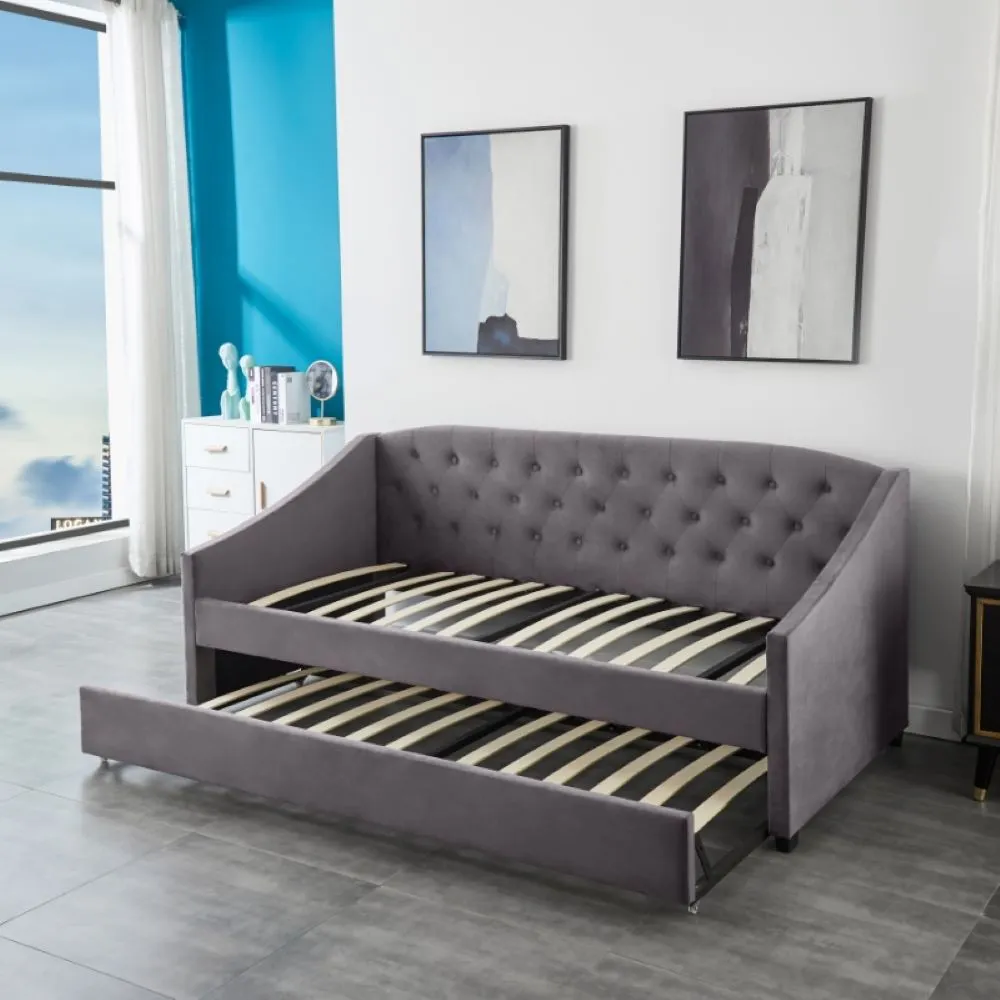 Single Tufted Day Bed with Trundle & 2 Mattresses - Grey, Velvet