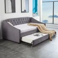 Single Tufted Day Bed with Trundle & 2 Mattresses - Grey, Velvet