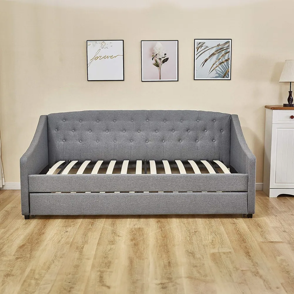 Single Tufted Day Bed with Trundle - Grey, Fabric