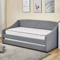 Single Tufted Day Bed with Trundle - Grey, Fabric