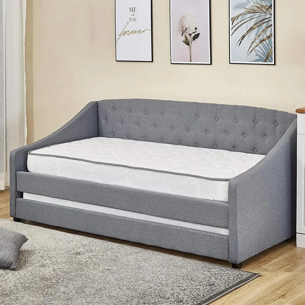 Single Tufted Day Bed with Trundle - Grey, Fabric