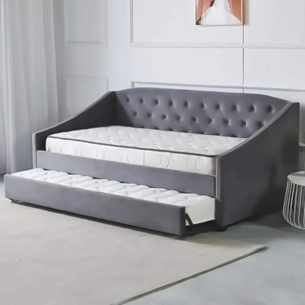 Single Tufted Day Bed with Trundle - Grey, Velvet