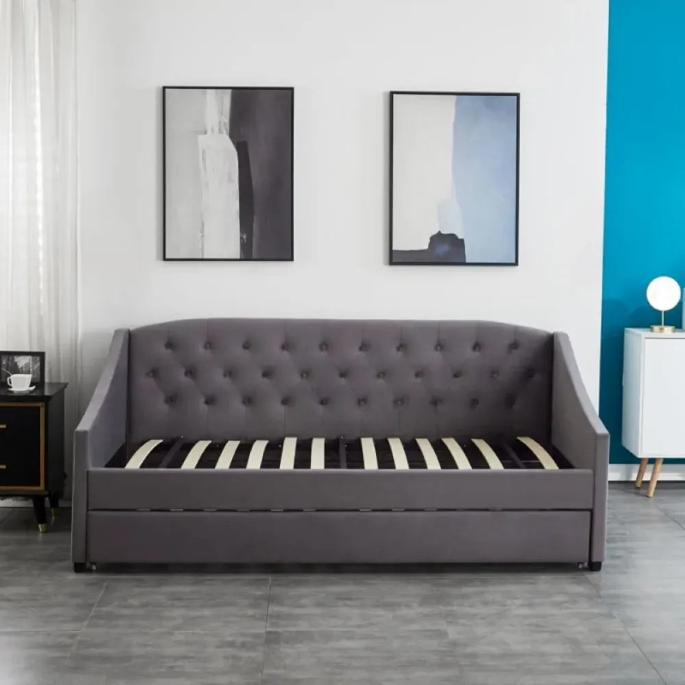 Single Tufted Day Bed with Trundle - Grey, Velvet