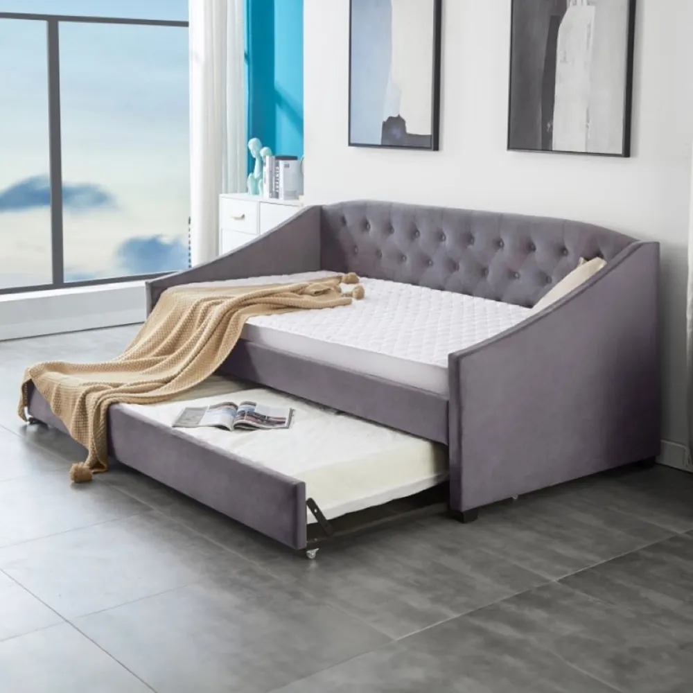 Single Tufted Day Bed with Trundle - Grey, Velvet
