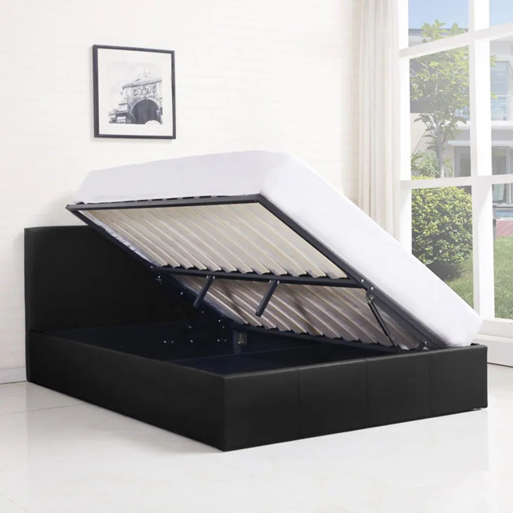 Small Double Ottoman Bed with Mattress - Black, Faux Leather