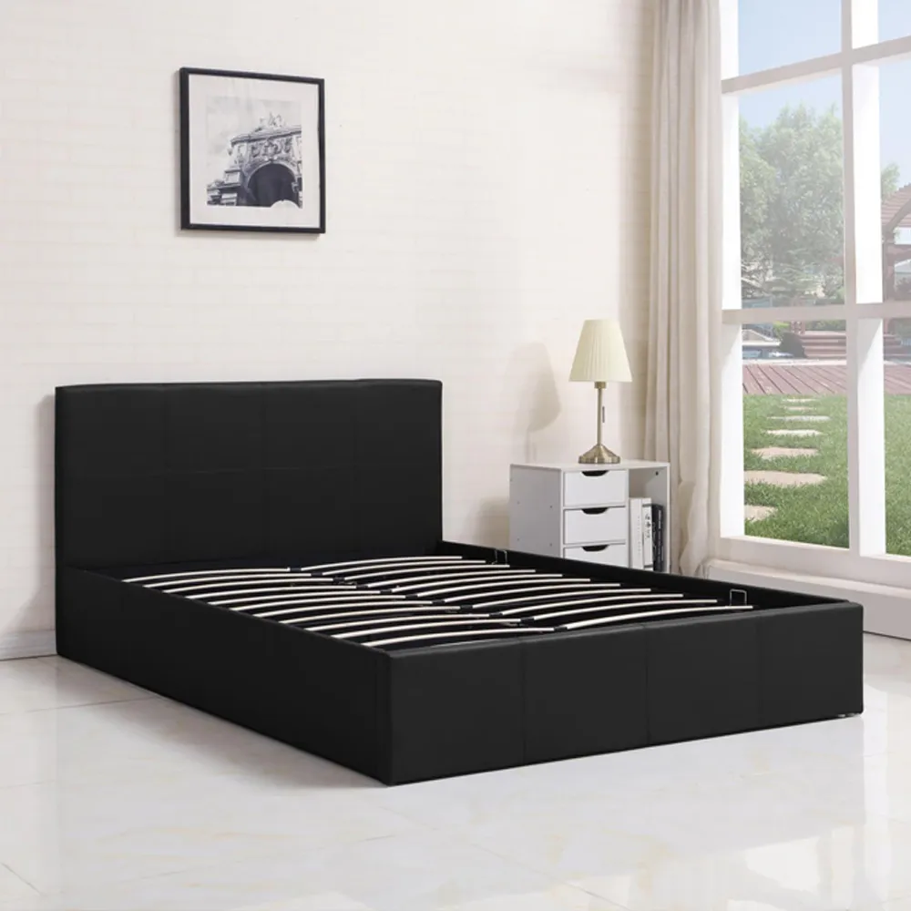 Small Double Ottoman Bed with Mattress - Black, Faux Leather
