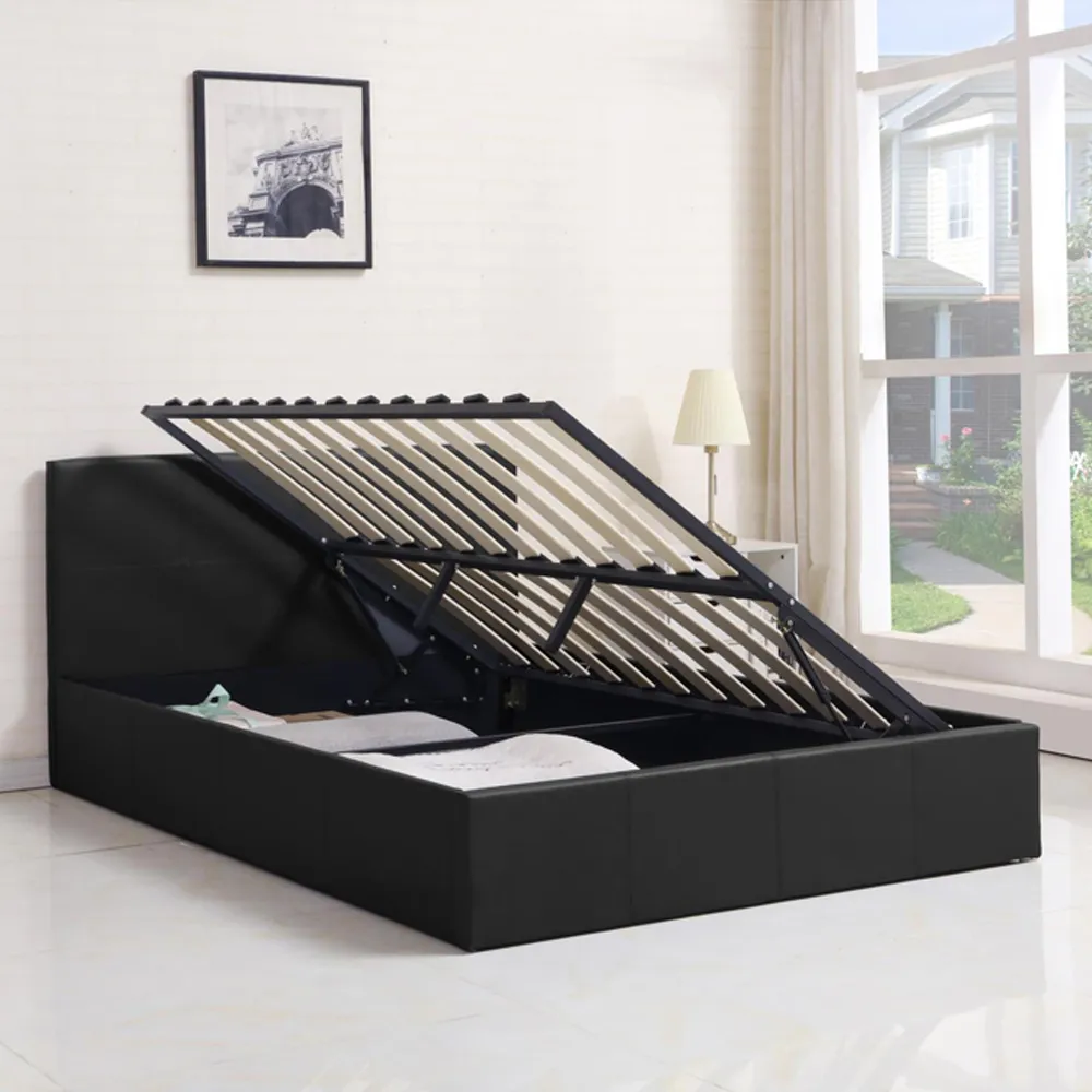 Small Double Ottoman Bed with Mattress - Black, Faux Leather