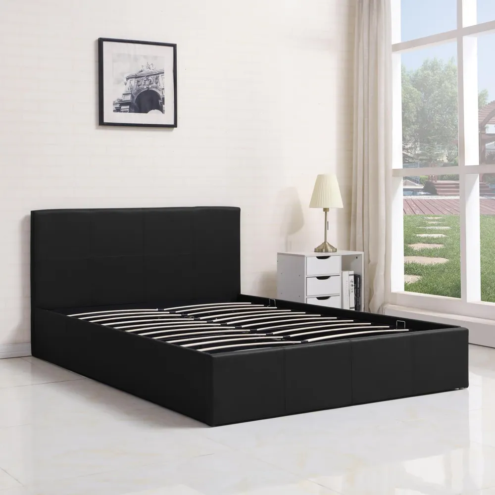 Small Double Ottoman Bed with Storage - Black, Faux Leather