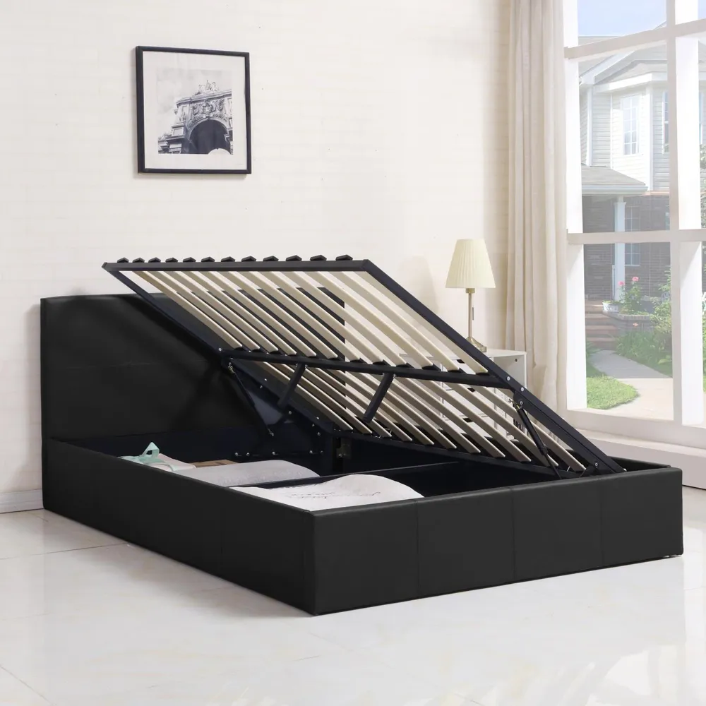 Small Double Ottoman Bed with Storage - Black, Faux Leather